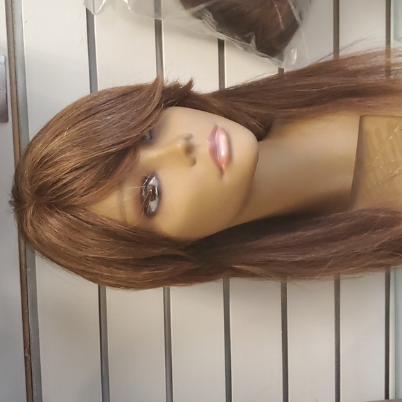 100%  Human Hair Wig long  top band and layers brown with copper highlight - Picture 10 of 11